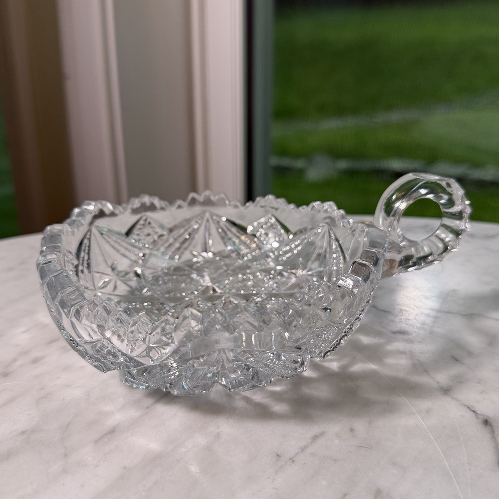 Antique 1912 Imperial Glass NUCUT 212 Diamond & Fans Handled Nappy Bowl - MINT